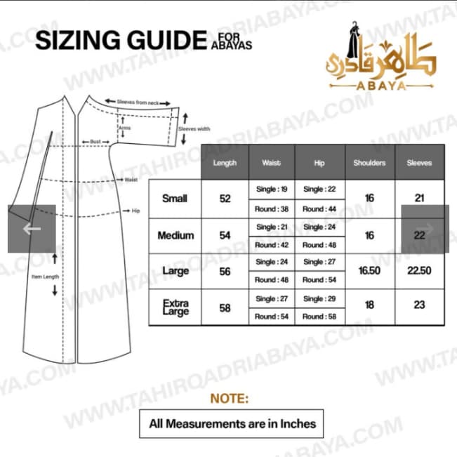 Tahir Qadri Abaya Size Chart — full measurement guide